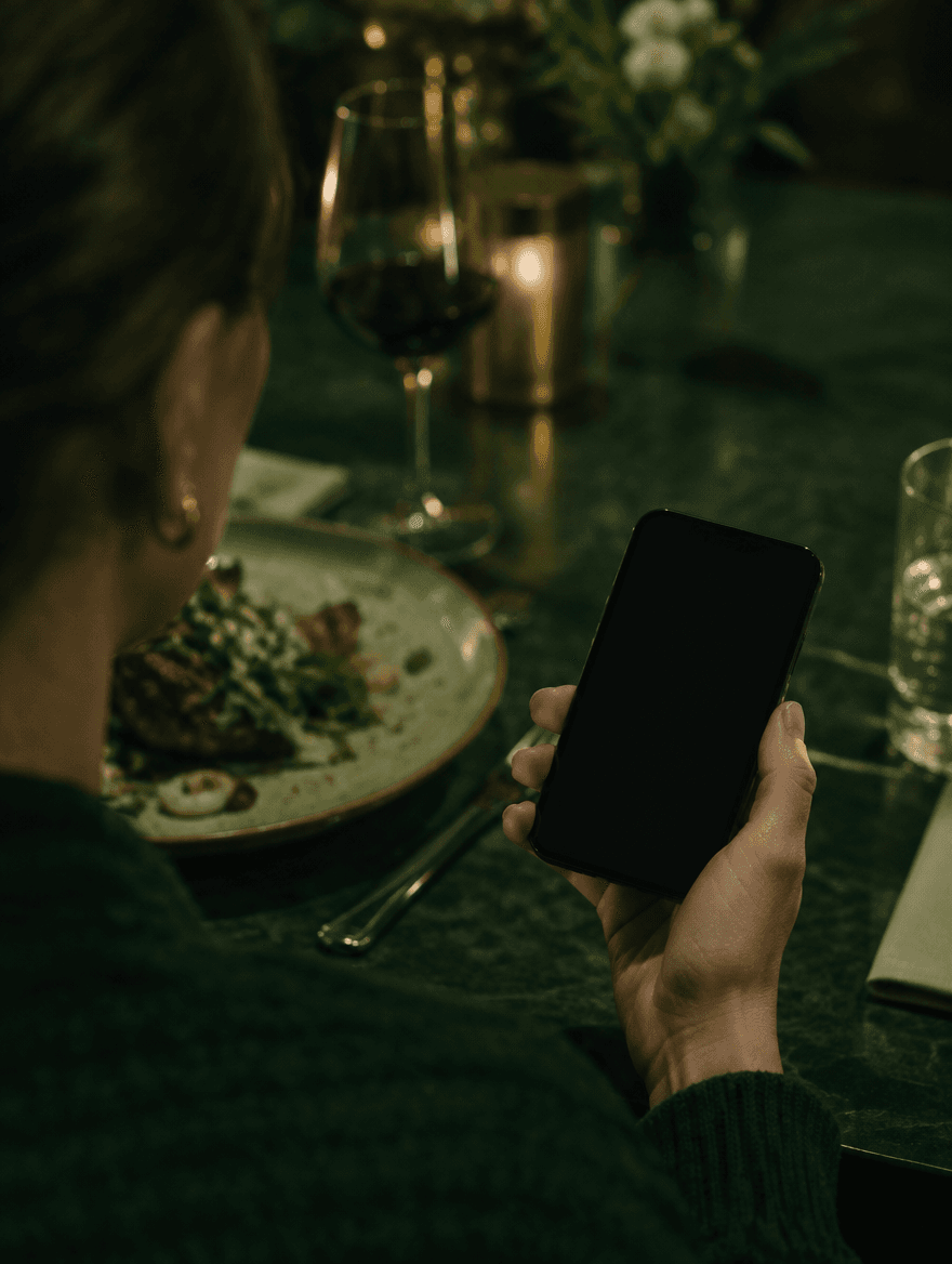 Comensal en la mesa con el teléfono en la mano, junto al plato y una copa de vino