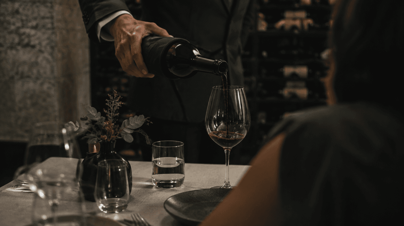 Sommelier sirviendo vino tinto en una mesa de restaurante